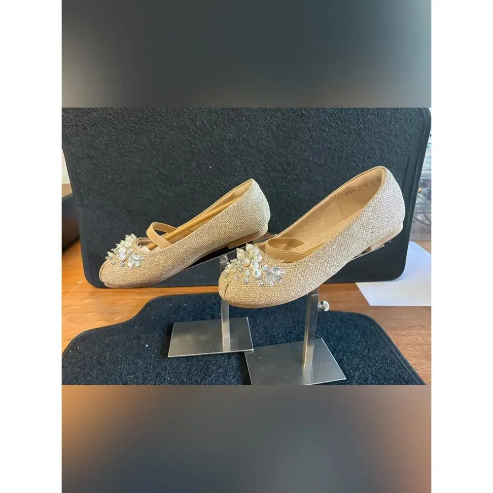 Dream Pairs Girls Size 13 Gold Glitter Dress Flats Pearl Rhinestone - Champagne